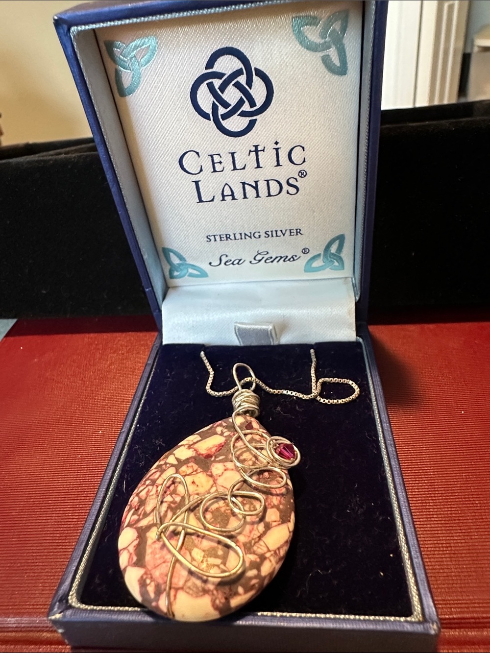 Celtic Lands Sterling Silver Pendant Necklace with Pink Marbled Stone -Sea Gems